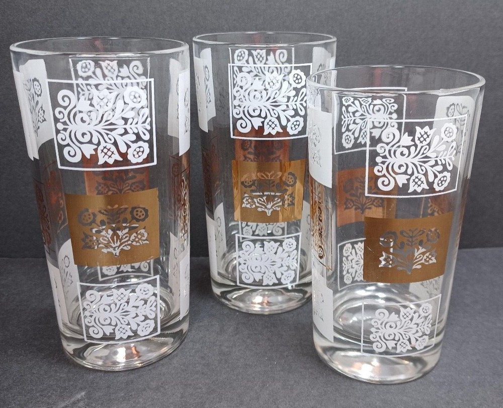 3 Vtg Glass Tumblers Gold White Geometric Design 2 5.5″ + 1 5″ tall Replacement