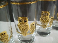 MCM CULVER Gold Encrusted Owl Tumblers – Set of 4 – 10 Ounce –1960’s- Highballs