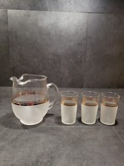 Vintage 1940’s Art Deco Gold Striped Frosted Glasses & Pitcher Set