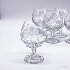 6x Vintage Crystal Glass Cognac Glass with Flower Decor, Cut 60s/70s