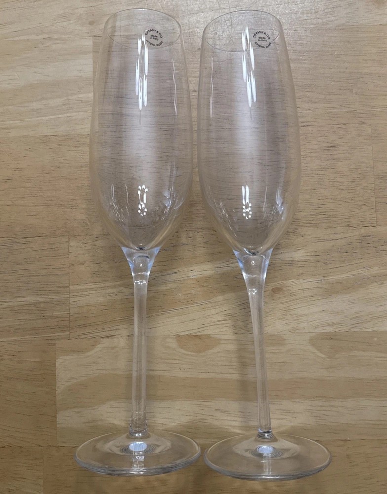 Tiffany & Co Crystal Glass Champagne Flutes – Set of 2 per box, NIB 9 5/8” tall