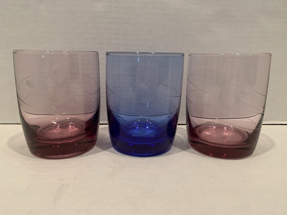 3 Lenox TUSCANY SEASONS Crystal Double Old Fashioned Glasses 1 Blue, 2 Amethyst