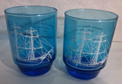 2 Vintage Teal Blue American Privateer Rattlesnake Revolution Sailboat Glasses