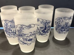 Currier & Ives 7 Different Gay Fad Blue Frosted 5.25” Glasses Train Riverboat