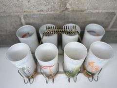 Vintage Arizona Cactus Frosted Glasses Set of 8 Tumblers w Metal Carrier MCM