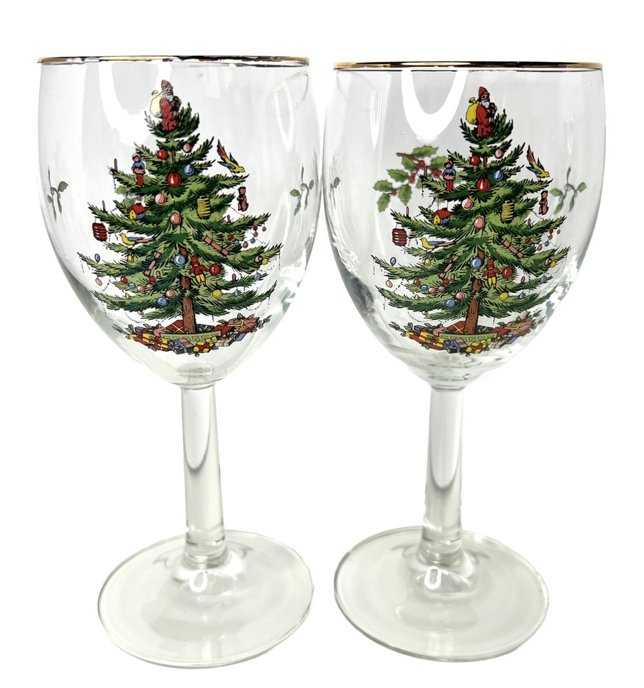 2 SPODE Christmas Tree Wine Glasses 13 ozs 7-1/2″ Gold Rim High Placed Pattern