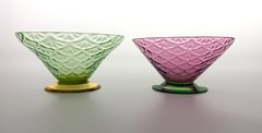 PUKEBERG Turkey Tracks (2) Footed Dessert Dishes Green/ Amber & Rose/Green 1920s