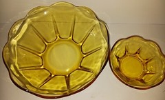 Authentic Vintage Amber Honey Yellow Gold Paneled Glass Bowls Set with Dip Bowl