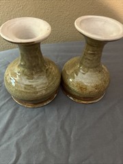SET OF 2 HAND-TURNED POTTERY CHALICES GREEN/BROWN GLAZE 5 Inches Tall