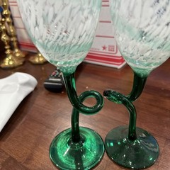 Wine Goblets Blown Art Glass Green And White Set Of 2 8”