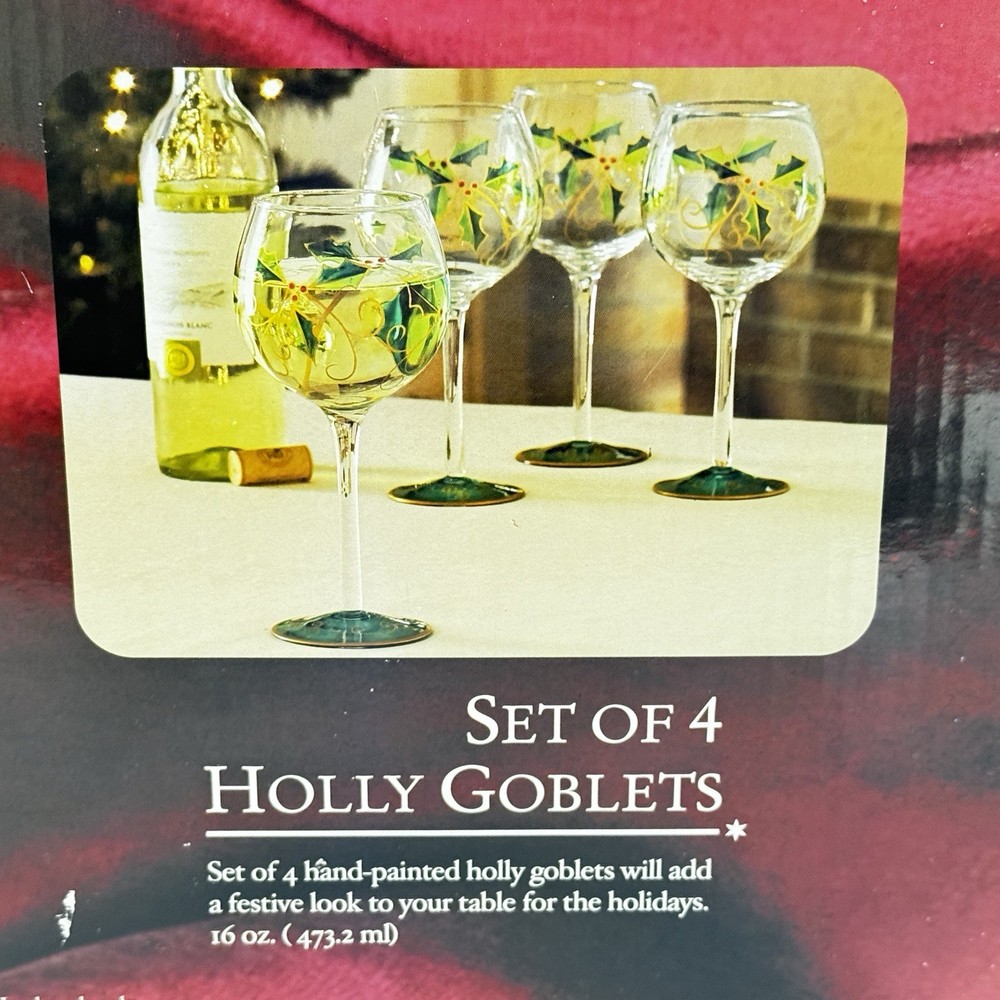Set 4 Holly Christmas Goblets Linen & Things Holiday Gold Rim Boxes Wine 16 Oz