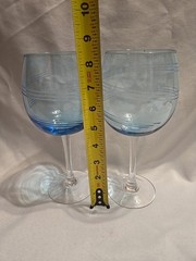 Pair Of Allegro Colored Blue Laura Etched Balloon Wine Glasses