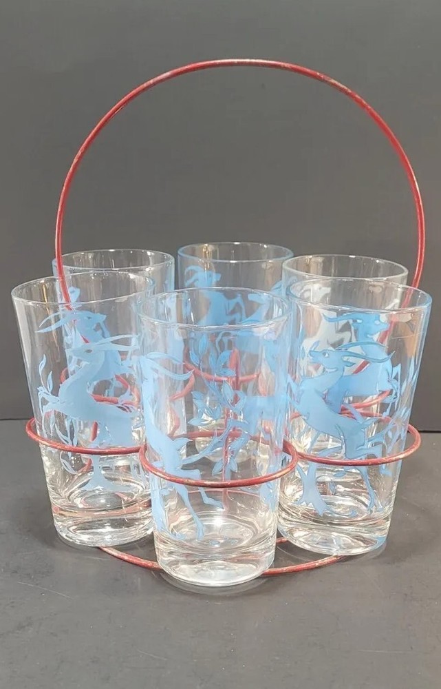 Vintage MCM Blue Antelope Juice Glasses w/holder