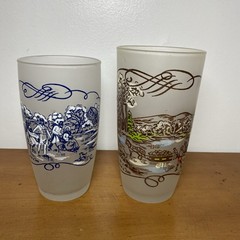 2 Currier & Ives Frosted Tumblers Glasses Hunting Ice Skating Blue White Vintage
