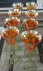 Lot 8 Signed Rick Strini Studio Art Glass Tulip Wine Goblets Marigold Iridescent