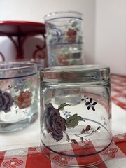 Vintage Anchor Hocking Rock Clear Glasses Set of Nine Pink-Blue Floral Appliqué