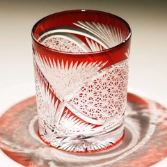 Edo Kiriko Hand Cut Whiskey Glasses 9oz Red Blue Set Of 2 Pieces Wedding Gift