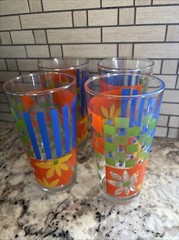Vintage KIG Set of 4 Multicolor Glasses Yellow Green Orange & Blue Indonesia