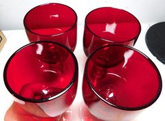 Set of 4 Vintage 1940’s Morgantown Glass Radiant Spanish Red + Clear Goblets