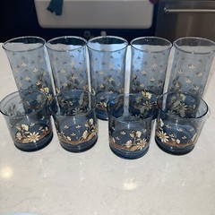 9 Vintage Libbey Franco Smoke Blue Brown Daisy Mid-Century Tumbler Rocks Juice