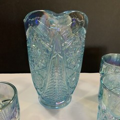 Vintage Imperial Ice Blue Pitcher And 4 Tumblers Iridescent Set Glass NOS #13
