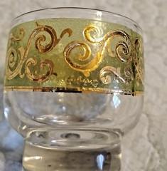 Vintage Culver 22K Green Gold Set Of 2 Swirl Paisley Footed Lowball Glasses