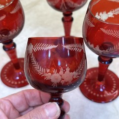 4 Vtg Bohemian Cut to Clear Ruby Red Stemware