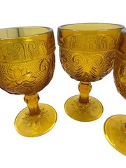 Amber Glass Goblets Floral Embossed Set Of 5 Vintage Style 4.5″ Height For Dinin