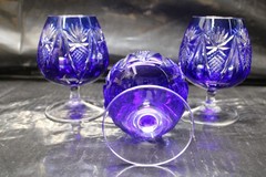 Vintage Set of 3 Bohemian Crystal Cobalt Blue Cut to Clear Brandy Snifters