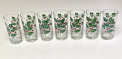 Vtg. 7pc, Indiana Glass Christmas Holly Berries Tumblers, 5.25″, 10oz. Free Ship