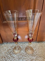 Pier 1 Set of 2 Amber Luster Red Jewel Champagne Glasses Flute 11 1/2” in Height