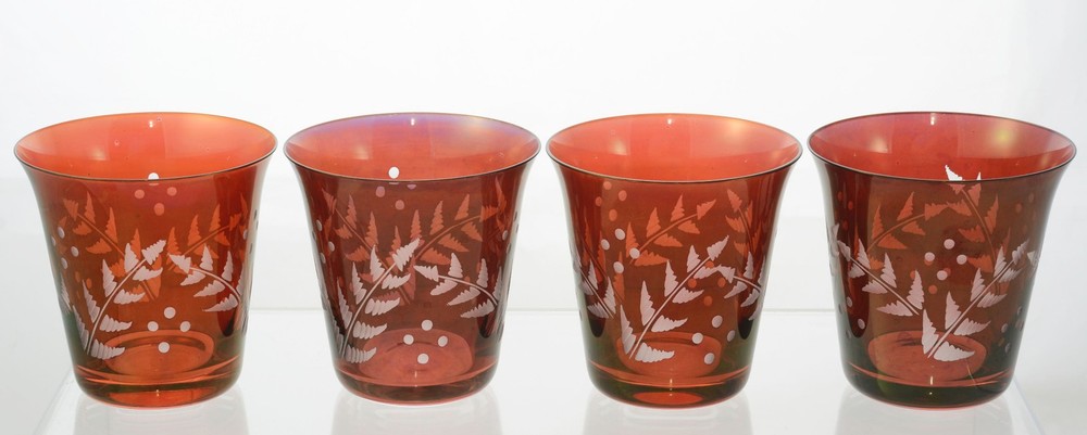 Set of 4 Bohemian Red Hand Blown Flared Tumblers Cut to Clear
