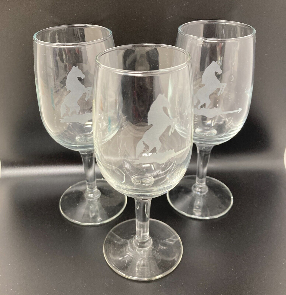 Horse Champagne Wine Tasting Glass Small Lot of 3 Etched Equestrian