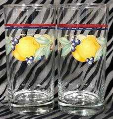 2 Corelle ABUNDANCE Tumbler/Coolers, Fruit, Blue & Red Lines 14 oz., 6 & 1/8 in.