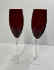 Set of 2 Vintage 4 oz Ruby Red Wine Glasses Champagne Flutes 9” Tall Clear Stem