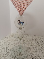 1930’s BIMINI BLOWN SWIRL ART GLASS GOBLET WITH BUBBLE ANIMAL HORSE STEM 7″H