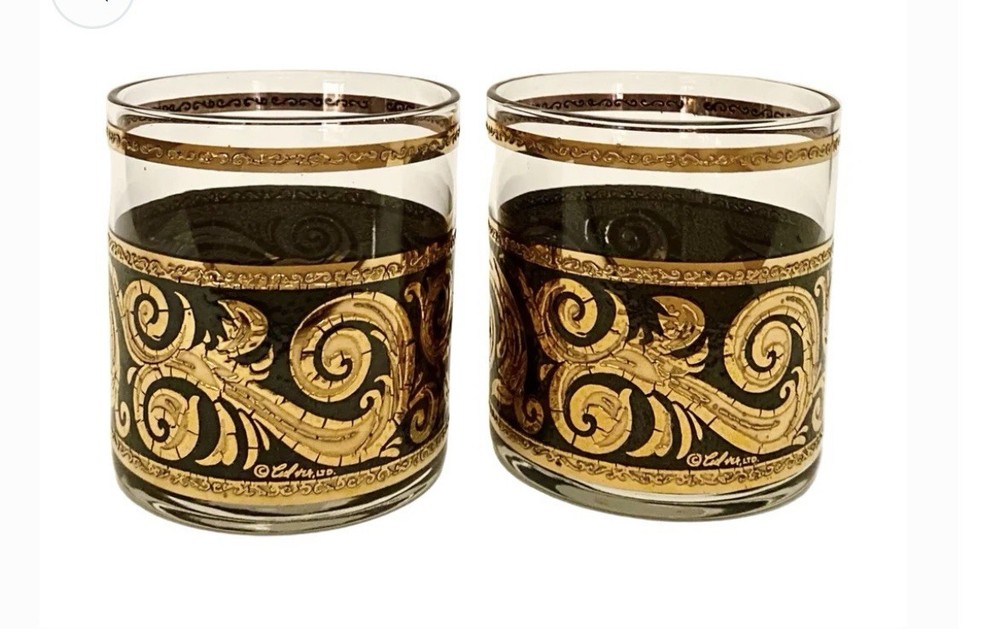 Vintage Culver Ebony Baroque Whiskey Glasses Set 2 Black Gold MCM