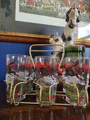 6 Hazel Atlas 5″ H Tumbler Glasses Caddy Hunt Scene Tally Ho Barware Drinkware