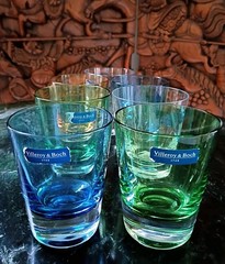 NEW VILLEROY & BOCH ART DECO MULTICOLOR CRYSTAL & GLASS WHISKEY BAR GLASSES SET