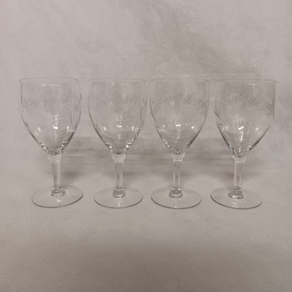 Tiffin Franciscan Marie Wine Glasses 4 Etched Crystal Stem #018 6 1/2″ x 3″