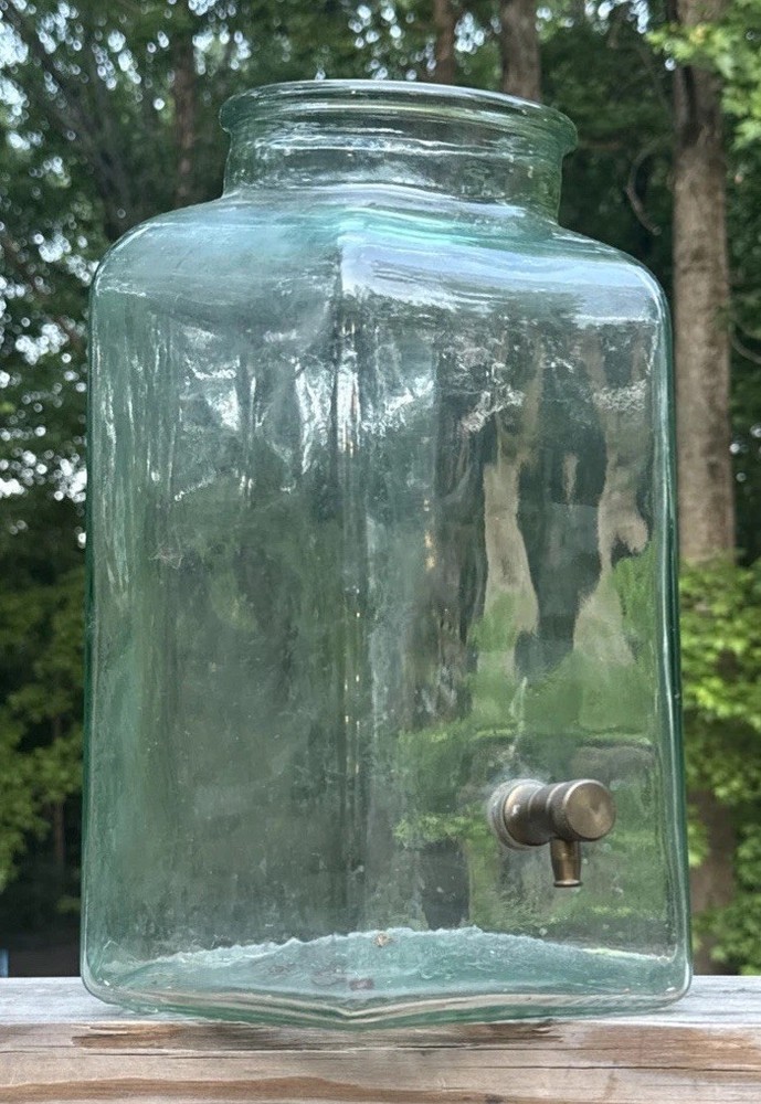 Green Glass Bev Dispenser Brass Spigot Made In Italy SVE 2 Gallon Vintage No Lid