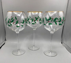 Lenox Christmas Wine Glasses Holiday Balloon Set of 3 Holly Berry