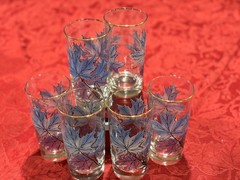 Vtg Libbey Blue Purple Maple Leaf Highball Glasses Gold Rim Set of 6 1960s MCM