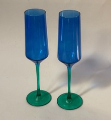 Vtg MCM Blue and Green Art Glass Champagne Flutes 10.5” Mid Century Modern