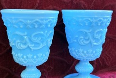 Pair of Vintage Ivima Portugal Turquoise Blue Milk Glass «Scroll» Goblets – Rare