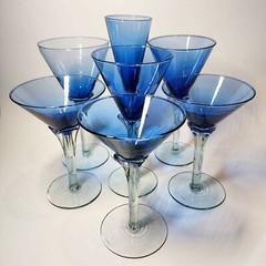 Vintage Mixed Set 7 Cobalt Blue Clear Stem Cocktail Glasses Handblown Glass