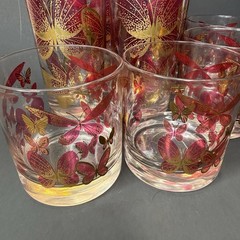 Fred Press Butterfly Glass Set 8 Cranberry Pink Gold Highball Rocks Mid Century