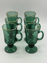 Vintage Libbey Glass Irish Coffee Mug Emerald Footed Set of Six 22k Gold Rim 6”