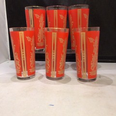 6 MCM 1960’s Culvers Red & Gold Siam Thai Goddess 8 High Ball Glasses 6.25” Tall