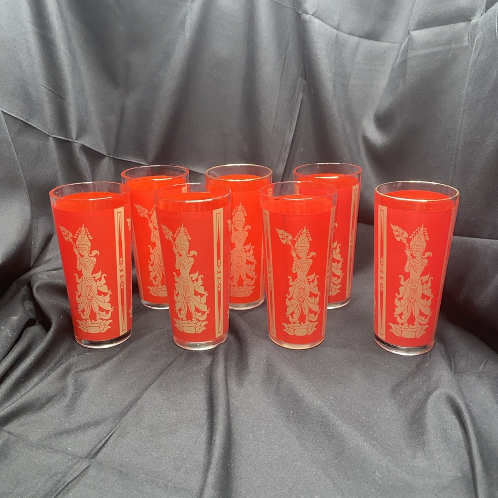 Vtg Set Of 7 Culver Red Gold Thai Goddess Highball Glass Tiki Barware MCM